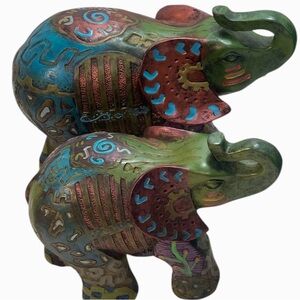 Handpainted Decorative Lucky Elephants Pair Mama & Baby Multicolor Resin